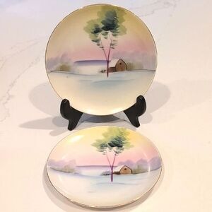 Vintage Mieto China Hand Painted Pastel Landscape Plates Set of 2 Made in Japan